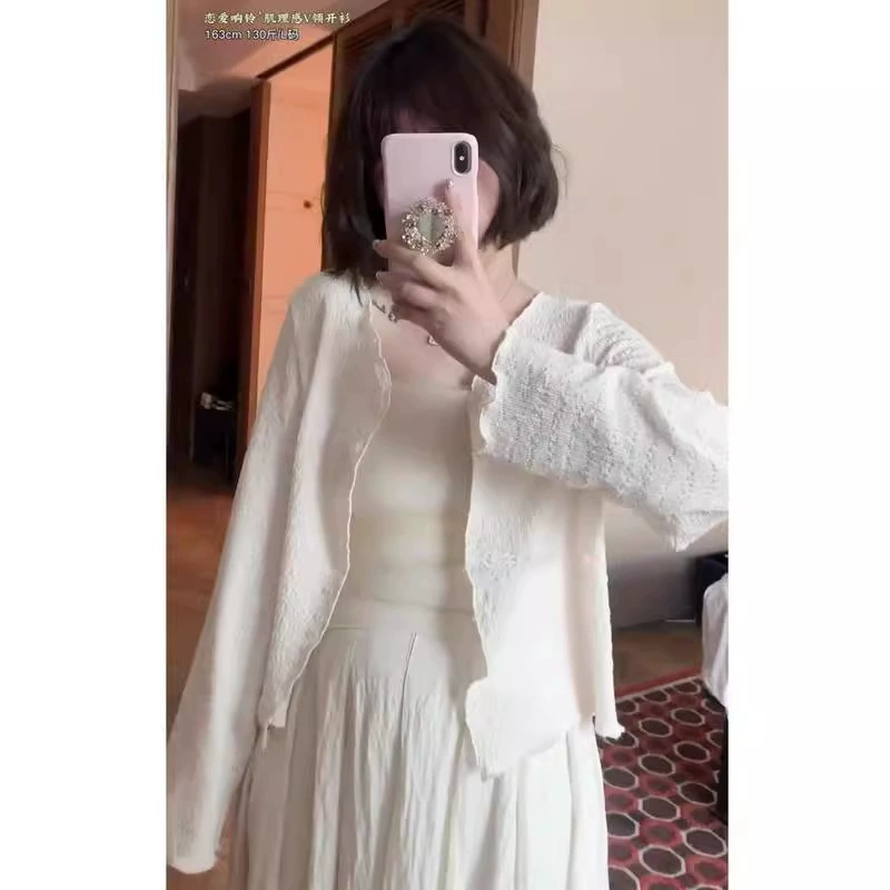 Французский сексуальный текстура с V-образным вырезом топ женский весенний и осенний новый свободный тонкий универсальный солнцезащитный трикотажный кардиган