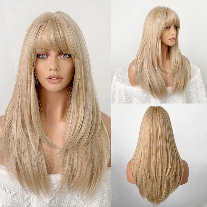 Cross-Border Golden Long Hair Wig for Women with Straight Bangs, Layered Wig, Full Head Wig Hairstyle, Factory Direct Sale