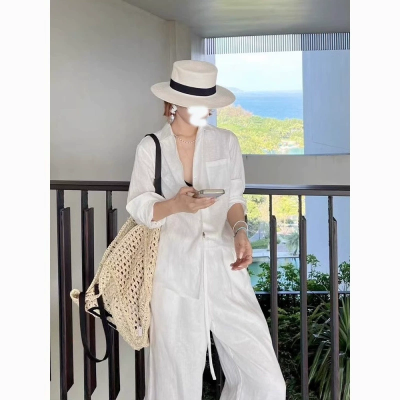 Летний костюм из льна в стиле «старые деньги» 2025 года, женский, повседневный, для отдыха и путешествий, высококачественный, с защитой от солнца, комплект из двух предметов