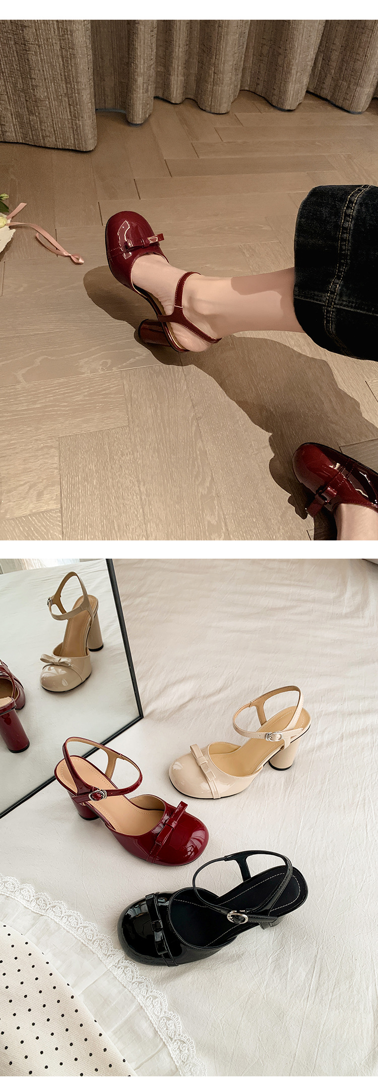 Sandal cao gót nữ mũi nhọn quai ngang nơ bướm, gót vuông ổn định — màu đen, Rượu vang đỏ, màu mơ chi tiết 18