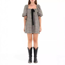 亚马逊2024新款复古仙女气质宽松泡泡袖一字肩公主娃娃裙