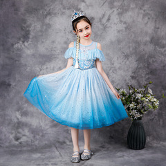 冰雪奇緣 夏款連衣裙 女童愛莎公主亮片鏤空漸變網紗背心裙