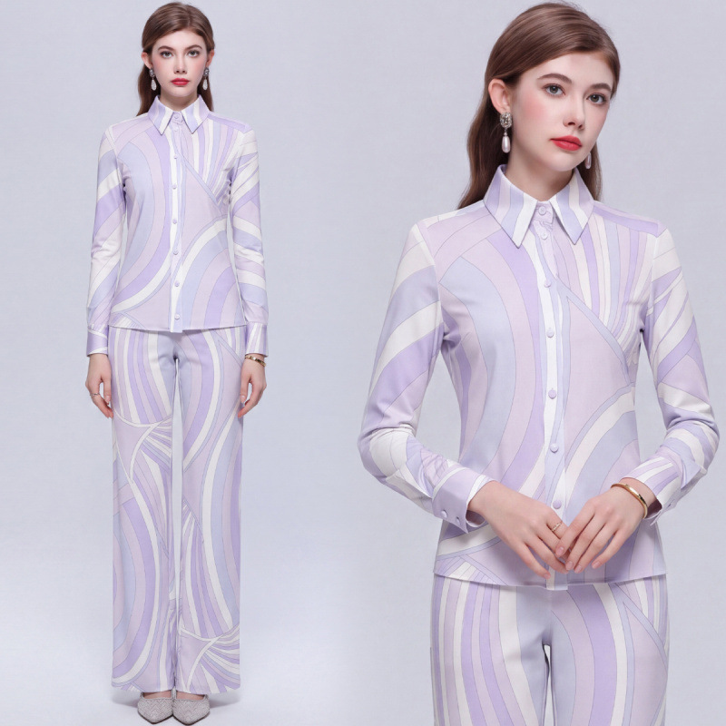 Light luxury commuter style printed casual shirt + loose versatile straight-leg pants two-piece set Light luxury commuter style printed casual shirt + loose versatile straight-leg pants two-piece set
