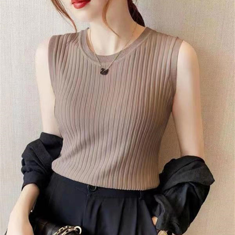 Ice Silk Round Neck Vest Suspbottomer Women's Summer Korean Style Versatile Sleeveless T-Shirt with Knitted Bottoming Shirt and Outer Top for Women