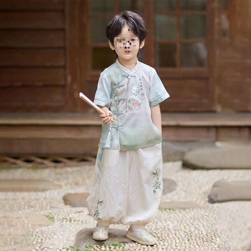 2025新款汉服男童写真旅游夏季儿童国风套装男孩新中式唐装两件套|undefined