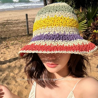 大帽檐彩虹编织草帽女夏季户外遮阳防晒帽海边沙滩镂空渔夫帽子