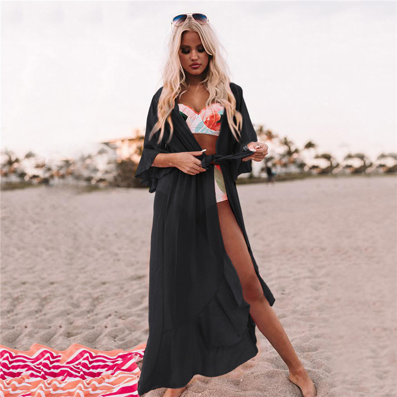 fashion thin solid color waist belted beach long cardigan  NSYD52990