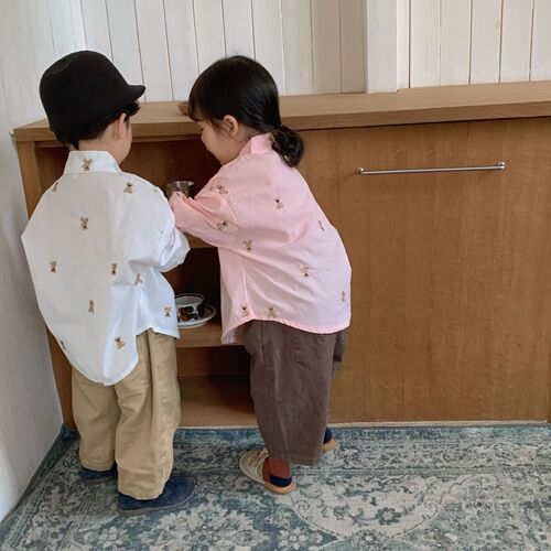 Children's long-sleeved shirts for boys and girls in spring and autumn  new pure cotton style embroidered bear shirt baby tops