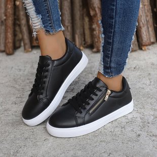 Cross-border Women's Flat Shoes European and American plus size Board Shoes Fashionable All-match Leather Side Zipper White Casual sneaker Women