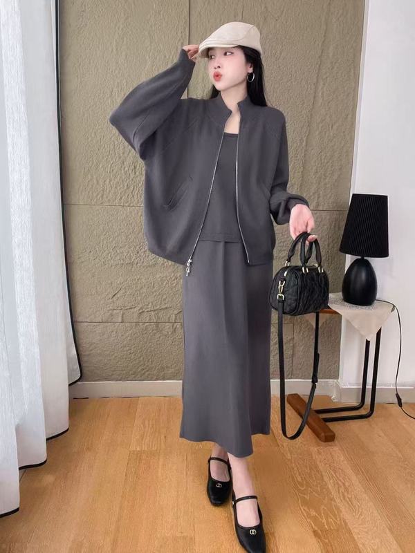 松弛感秋冬时尚套装女休闲拉链毛衣开衫+吊带+针织半身裙三件套女|undefined