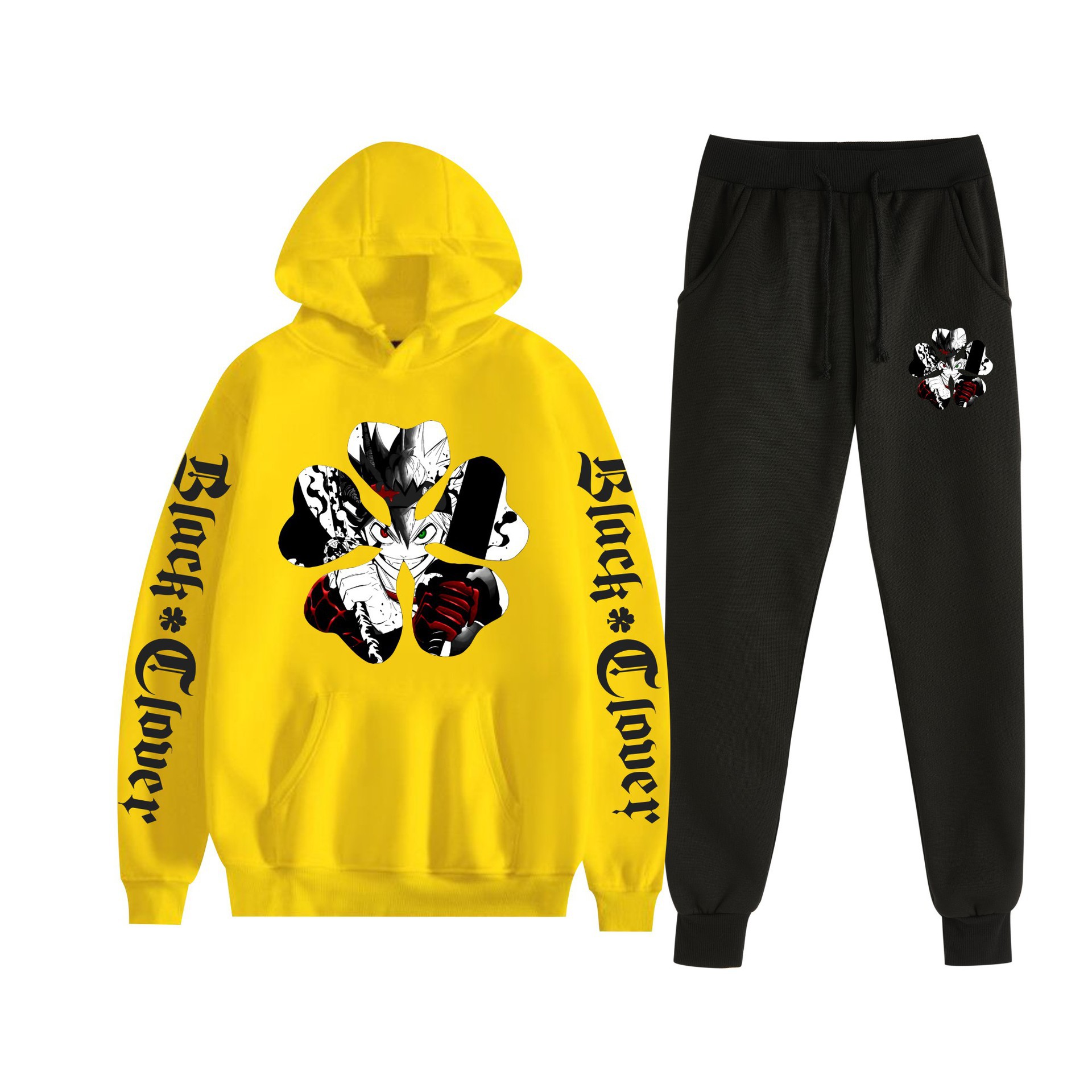 Trébol de cuatro hojas negro nuevo estilo transfronterizo Black Clover pareja suéter con capucha hombres y mujeres pantalones de dos piezas
