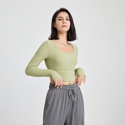 Ribbed nude slimming yoga wear long sleeves with chest pad fitness top T-shirt running outer bra sports bra