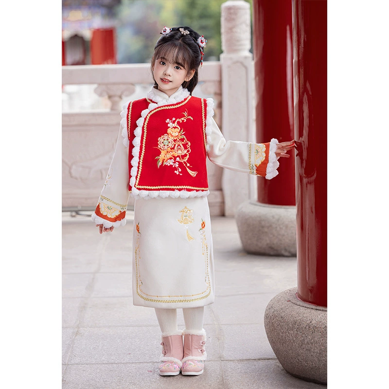 Девушка Hanfu Зимний чонсам набор жилета для новогоднего костюма плюс бархат