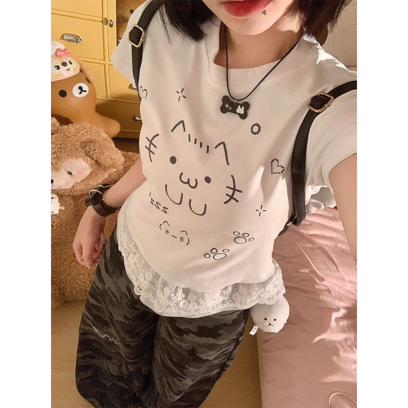 亚文化可爱猫咪蕾丝花边短袖T恤女夏季甜辣妹修身显瘦设计感上衣|undefined