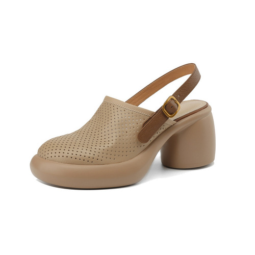 Baotou Sponge Cake Thick Sole Hollow Sandals Women's Summer Chunky Heel Round Toe Buckle Strap Open Back Roman Shoes