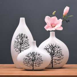 欧式陶瓷花瓶三件套创意时尚家居饰品摆件白桦树玉兰花瓶套装