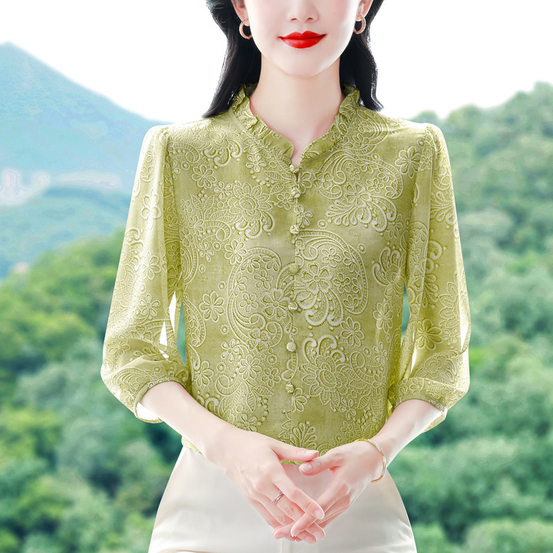 Brand Silk Three-Quarter Sleeve Shirt for Women, Summer Printed Stylish Youthful Blouse, High-End Mulberry Silk Slimming Top Brand Silk Three-Quarter Sleeve Shirt for Women, Summer Printed Stylish Youthful Blouse, High-End Mulberry Silk Slimming Top