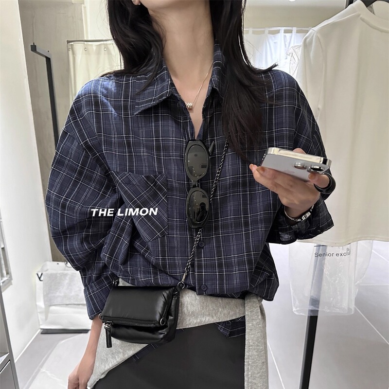 THE LIMON柠檬绿茶2025秋季复古调性格纹慵懒百搭衬衫宽松上衣女|undefined