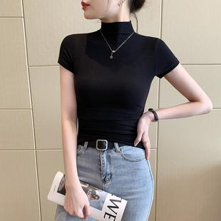 Black Half Turtleneck Short-Sleeved T-Shirt for Women 2025 Spring New Knitted Half-Sleeved Slim Mid-Collar Bottoming Top Trendy