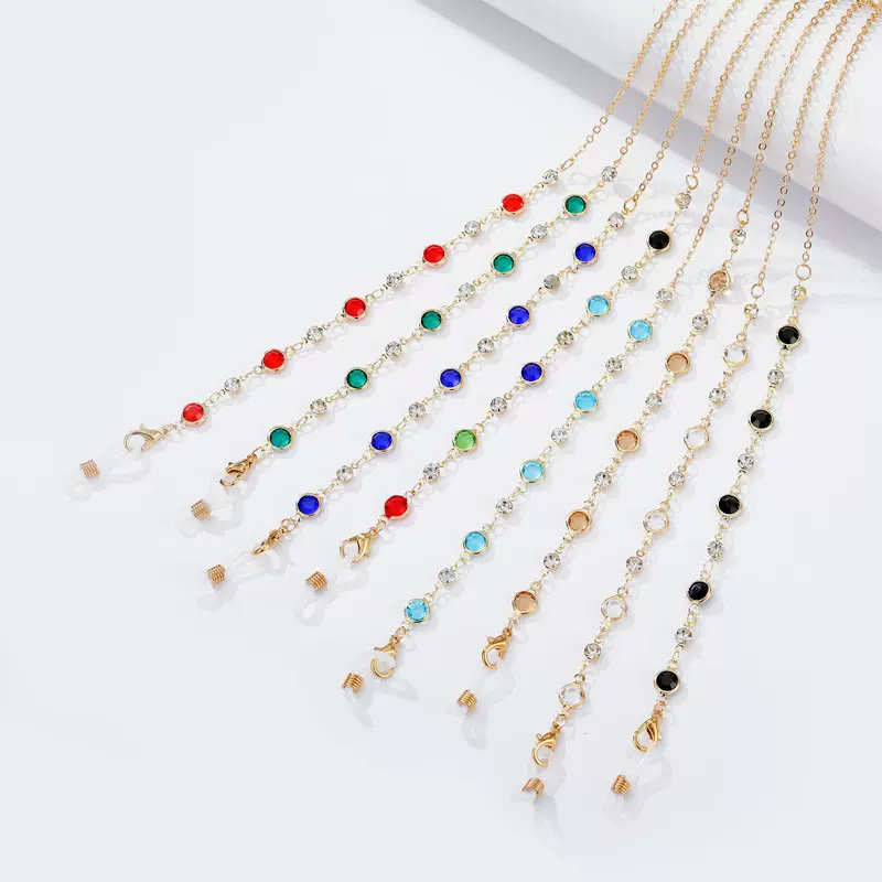 镀金饰品口罩链欧美跨境热卖女七彩水晶挂脖绳金属防滑链眼镜挂链
