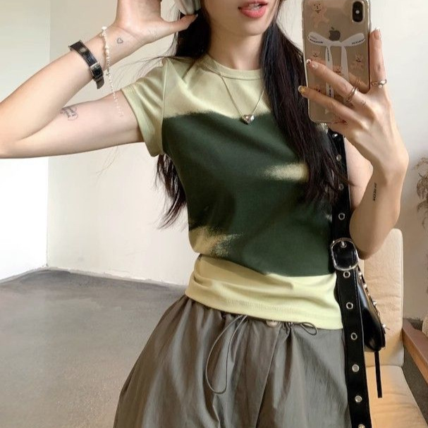 2025 New Pure Desire Right Shoulder American Hot Girl Retro Printed Short Sleeve T-Shirt Women's Summer Slim Short Top