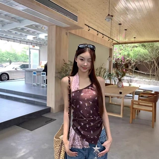 跨境外贸不规则性感露肩碎花收腰吊带背心女夏季辣妹纯欲上衣小众