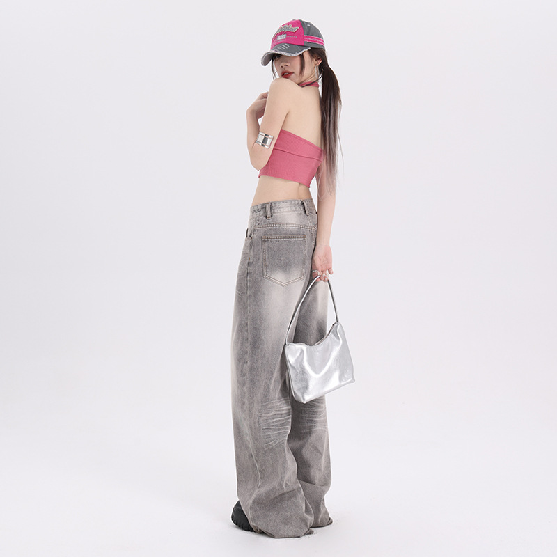 Early Autumn New Style Gray Loose and Versatile Trendy Brand American Straight Wide Leg Floor Jeans Long Pants for Women