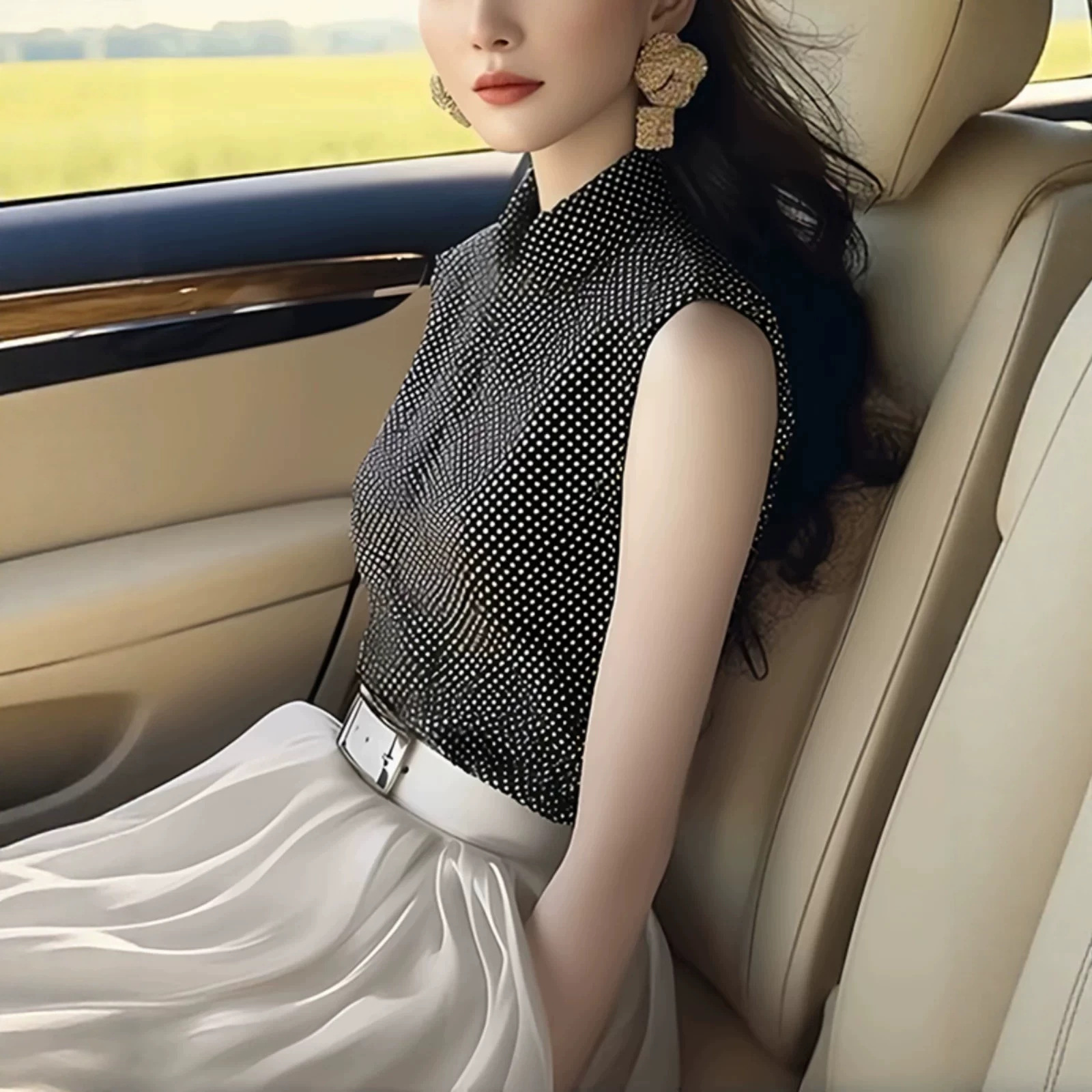 Áo sơ mi không tay nữ kiểu Pháp chấm bi đen ôm nhẹ — màu đen chi tiết 2