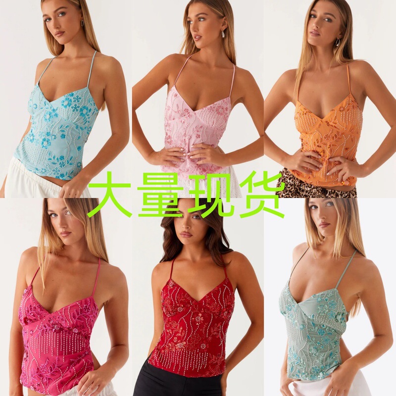 Amazon 25 Summer New Cross-border European and American Women's Embroidered Sequin Vest Sexy Spice Sling Top Women