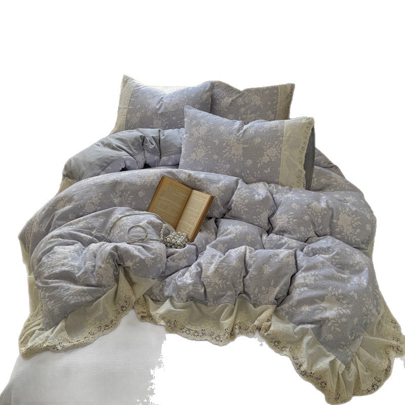 Conjunto de quatro peças em algodão puro, estilo princesa com acabamento em renda, estilo nórdico francês vintage boho, capa de edredom 100% algodão, para dormir sem roupa._voghion.com