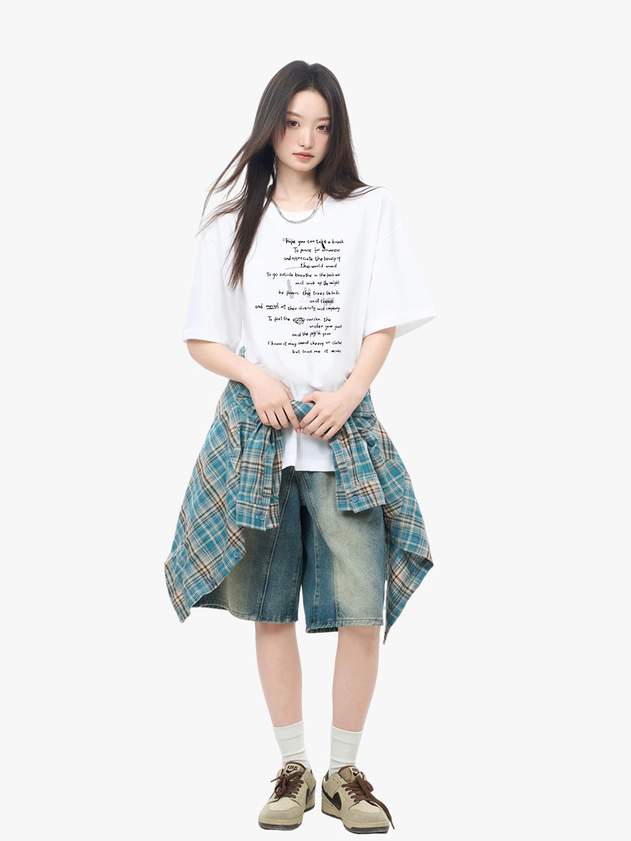 韓国の純綿のアルファベットのプリントの半袖のtシャツの女性の夏のゆったりしている百合の学生のins風の潮流の上着の底のシャツ