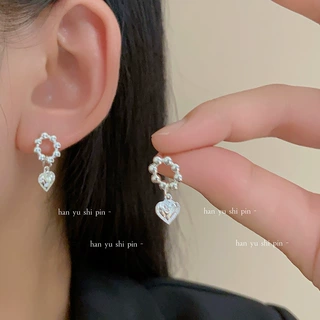 韩版串珠浮雕爱心耳环女小众百搭高级感精致耳钉时尚简约气质耳饰
