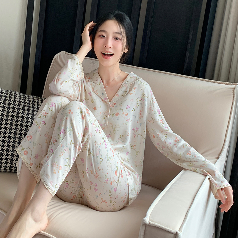 孙一宁同款贡缎丝人棉滑碎花家居服女春秋款两件套少女感精致睡衣