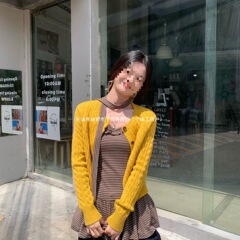 法式复古麻花黄色针织2025开衫新款秋季宽松毛衣辣妹外套上衣冰丝