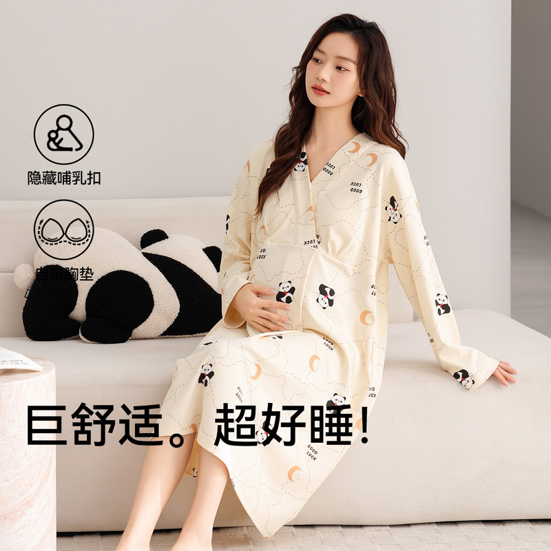 Autumn and Winter Nursing Nightgown for Women, Pure Cotton Maternity Pajamas, Spring and Autum Maternity Skirt, Breastfeeding with Breast Pads, Large Postpartum Confinement Clothes Autumn and Winter Nursing Nightgown for Women, Pure Cotton Maternity Pajamas, Spring and Autum Maternity Skirt, Breastfeeding with Breast Pads, Large Postpartum Confinement Clothes