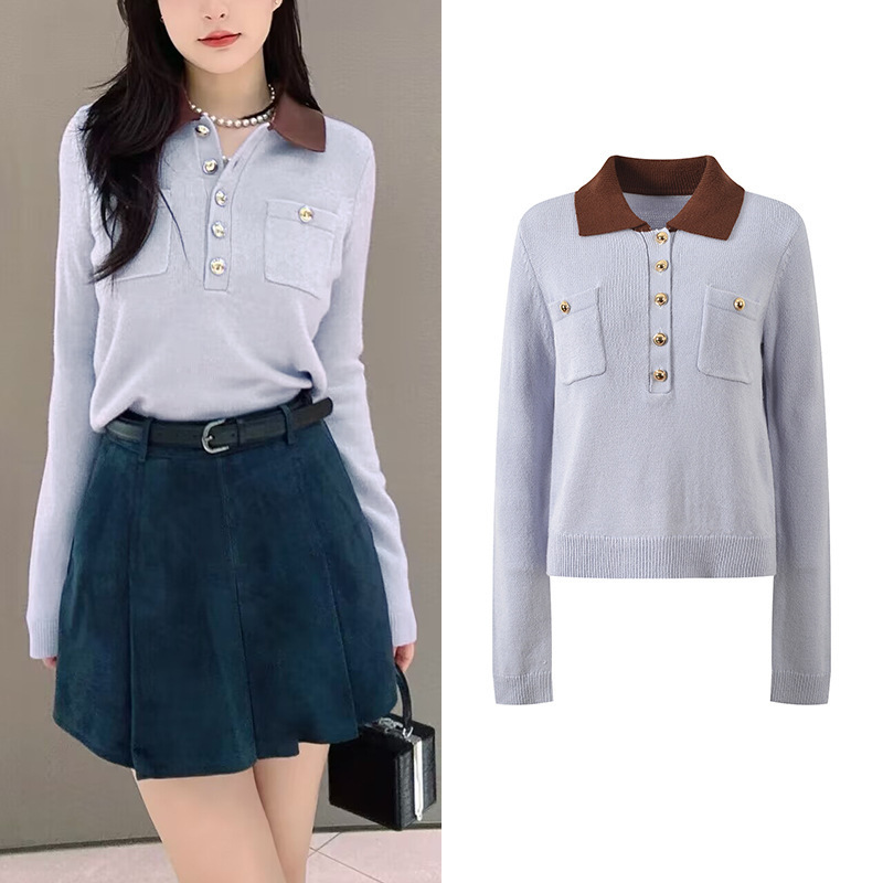 2025 Autumn and Winter New Style Contrasting Color Polo Collar Fashionable Casual Versatile Youthful Slimming Short Niche Knit Sweater