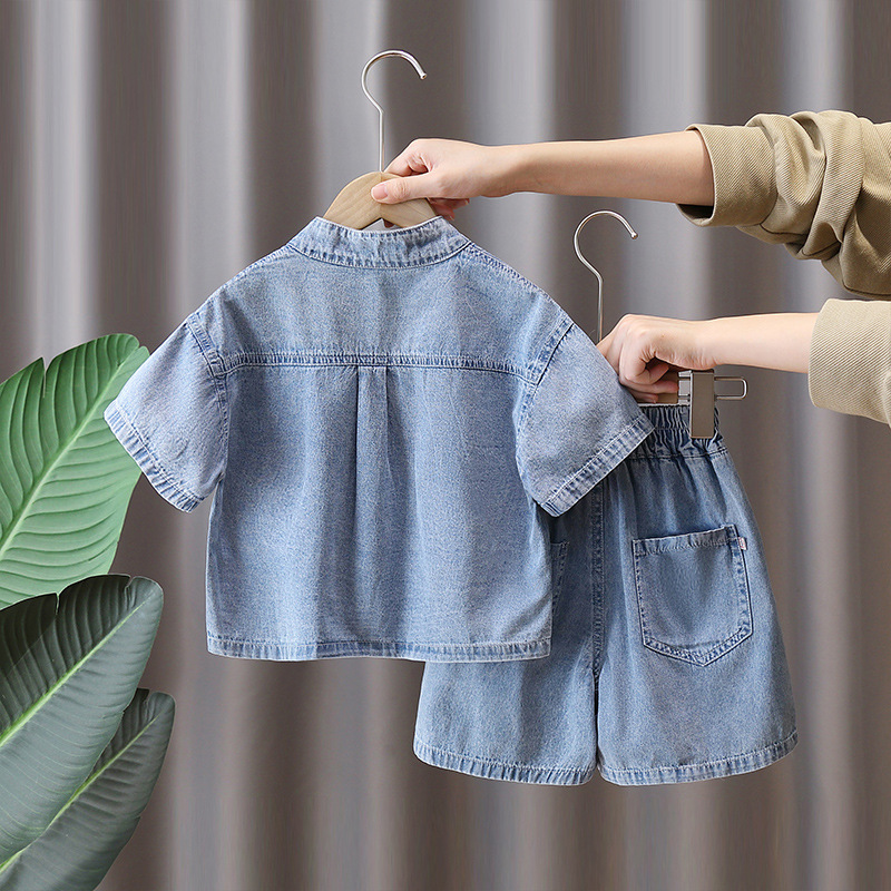 7231 Traje de estilo chino para niños, estilo occidental, traje de dos piezas de mezclilla de manga corta de verano, Hanfu delgado de moda de verano