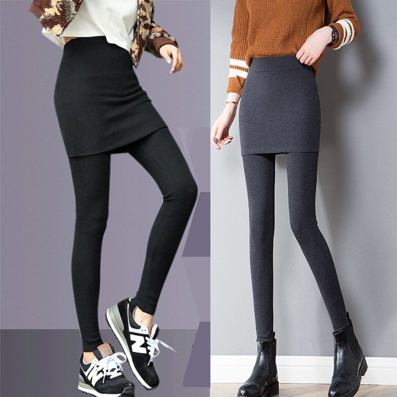 Korean Style Autumn and Winter Warm Fake Slim Two-Piece Leggings for Women to Wear as Outerwear, Hip-Hugging Skirt, Trousers, Long Pants, Versatile