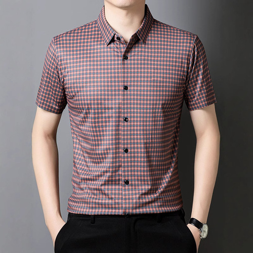 Men's Summer Short-Sleeve Checkered Digital Print Elastic Shirt Fashion Iron-Free Half-Shirt