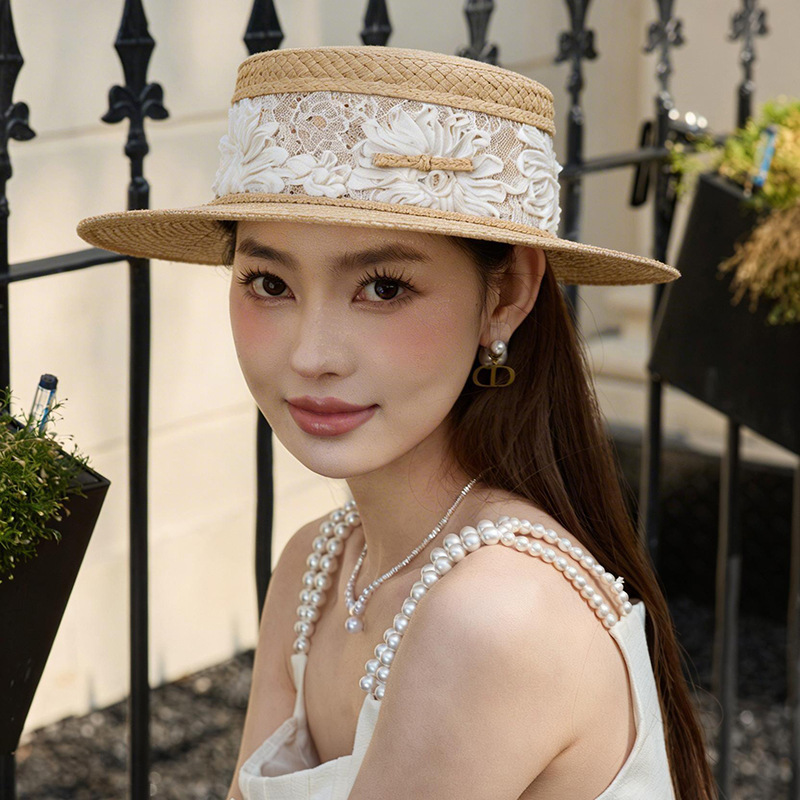 Mũ rơm phẳng đầu phong cách Pháp nữ tính, che nắng đi biển mùa hè — màu đen