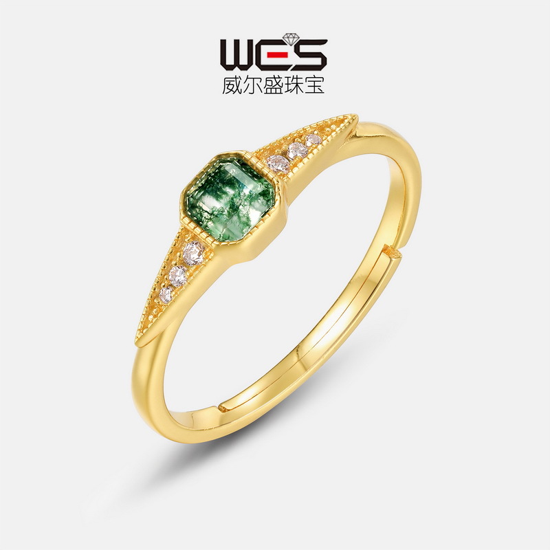 Nuevo producto transfronterizo de Amazon Anillo de ágata de hierba de agua natural de moda de lujo ligero S925 Anillo de piedra de musgo verde chapado en oro plateado