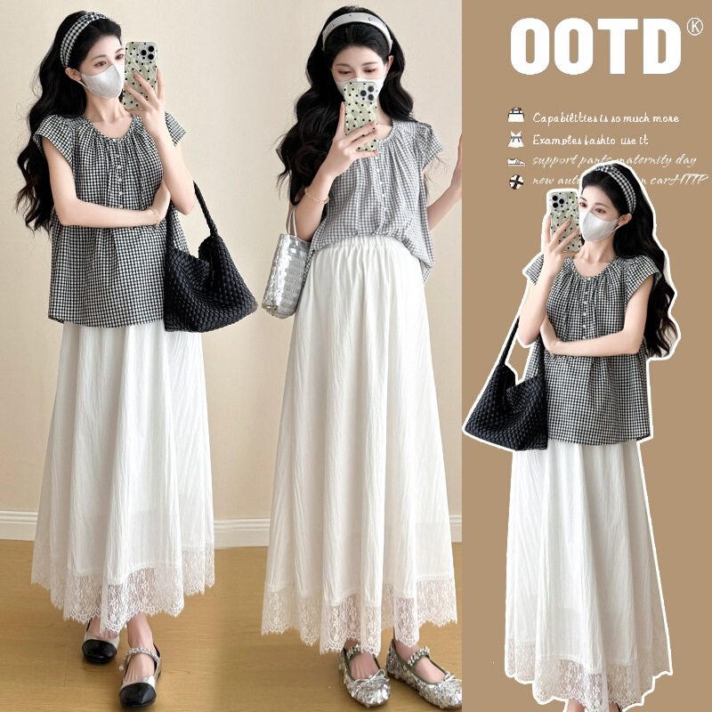 Real shot of 2026 summer new Korean-style fashion maternity plaid top with detachable buttons + lace maternity skirt Real shot of 2026 summer new Korean-style fashion maternity plaid top with detachable buttons + lace maternity skirt