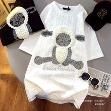 官图抖音质量韩版短袖t恤女夏2025手工串珠新款圆领上衣大码女装