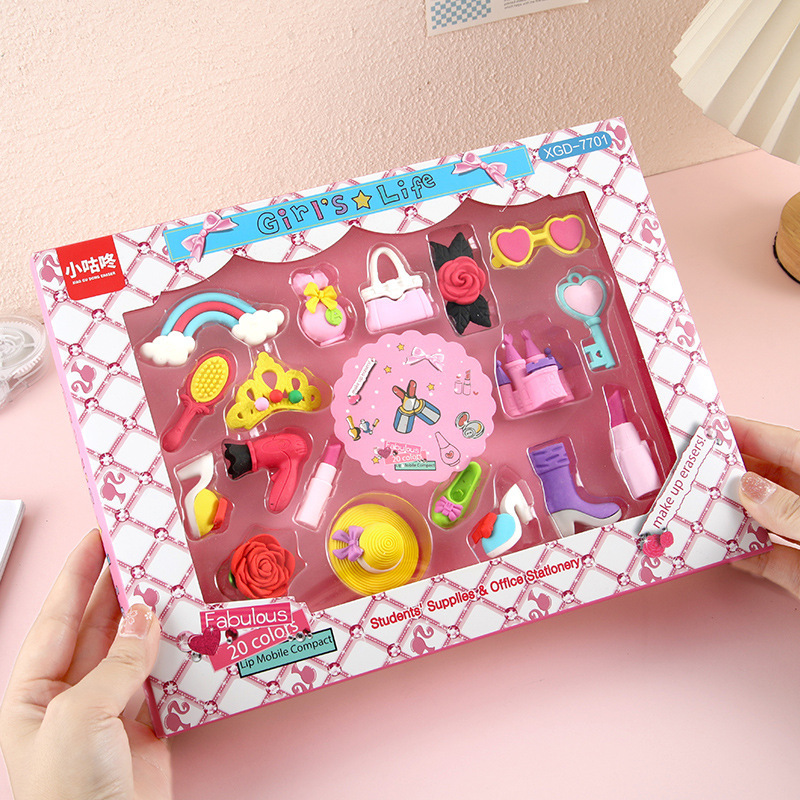 Caja de regalo de princesa encantadora borracha empaquetada en casa, modelado cambiado limpio, estudiantes de papelería de aprendizaje