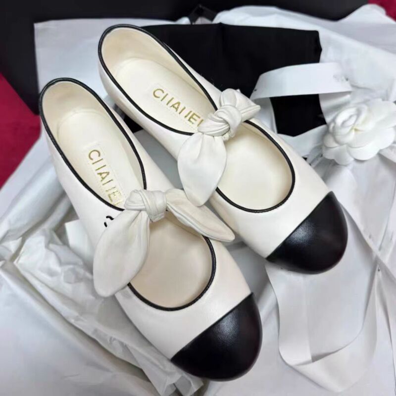 Chanel Style Bow Mary Jane Single-layer Shoes Genuine Leather Shallow Flat Shoes Women's Rabbit Ear Black and White Color-block Ballet Shoes