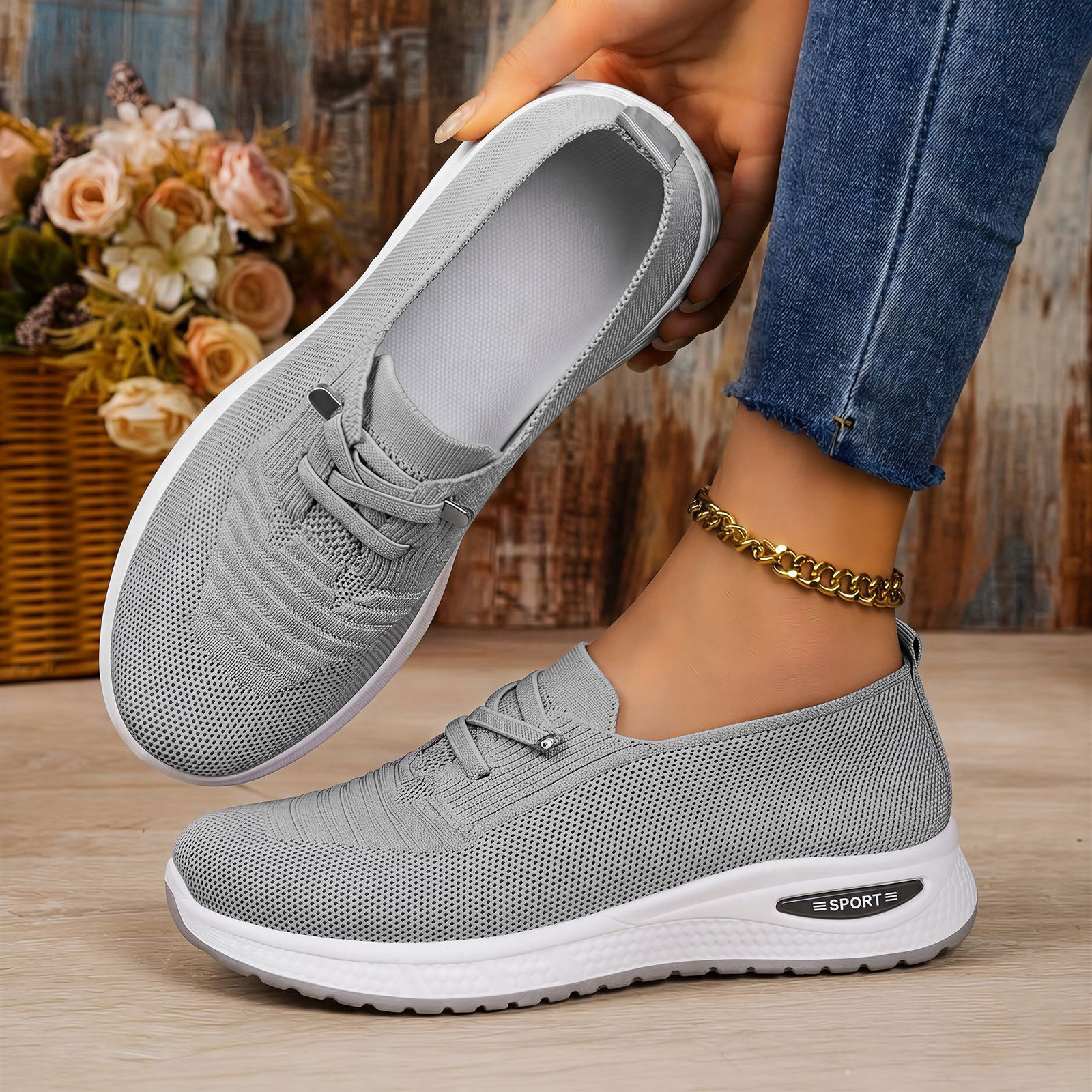 Zapatos de mujer zapatos transfronterizos temu zapatos casuales de gran tamaño, zapatos de madre transpirables, zapatos ligeros, zapatos de red de lazos