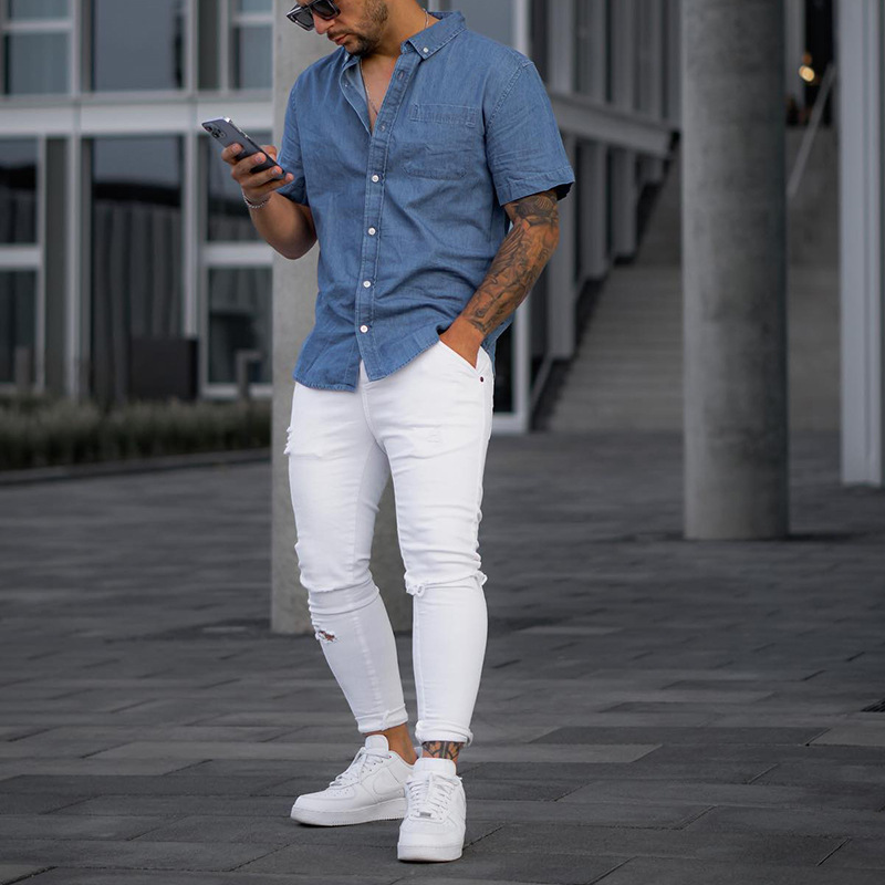 Herren Kurzarm Denim Hemd Einfarbig Locker Geschnitten_voghion.com