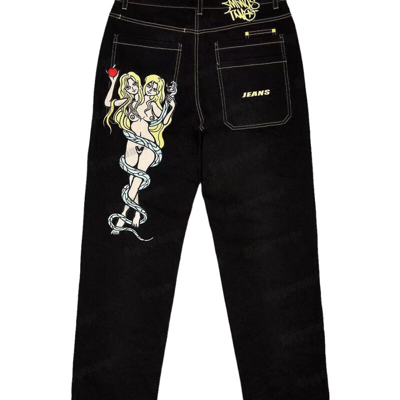 European and American style street print anime character jeans men's hip hop loose wide leg loose trousers jeans European and American style street print anime character jeans men's hip hop loose wide leg loose trousers jeans