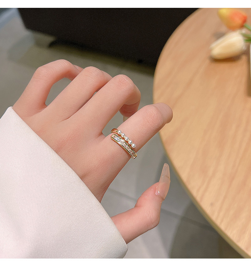 Fashion Geometric Copper Inlay Artificial Pearls Zircon Open Ring