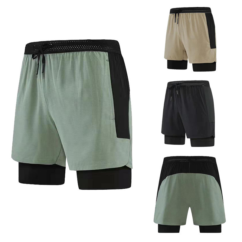 2023 European and American Quick-drying Double-layer Sports Pants Shorts Men's Running Pants Anti-light Fitness Pants Woven Jogging Training Pants